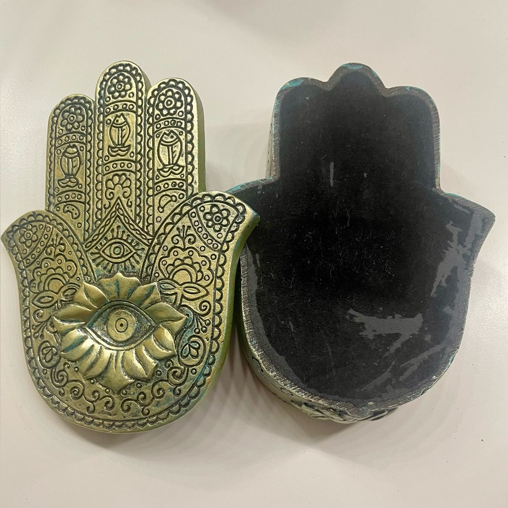Hamsa Hand Decorative Trinket Dish Jewelry Dish Evil Eye Antique Metallic Gold - Picture 10 of 10